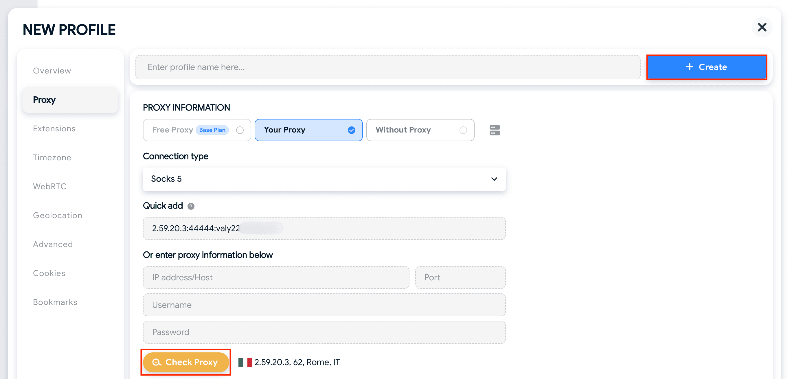 Hidemyacc “Check Proxy” button confirming proxy IP and location