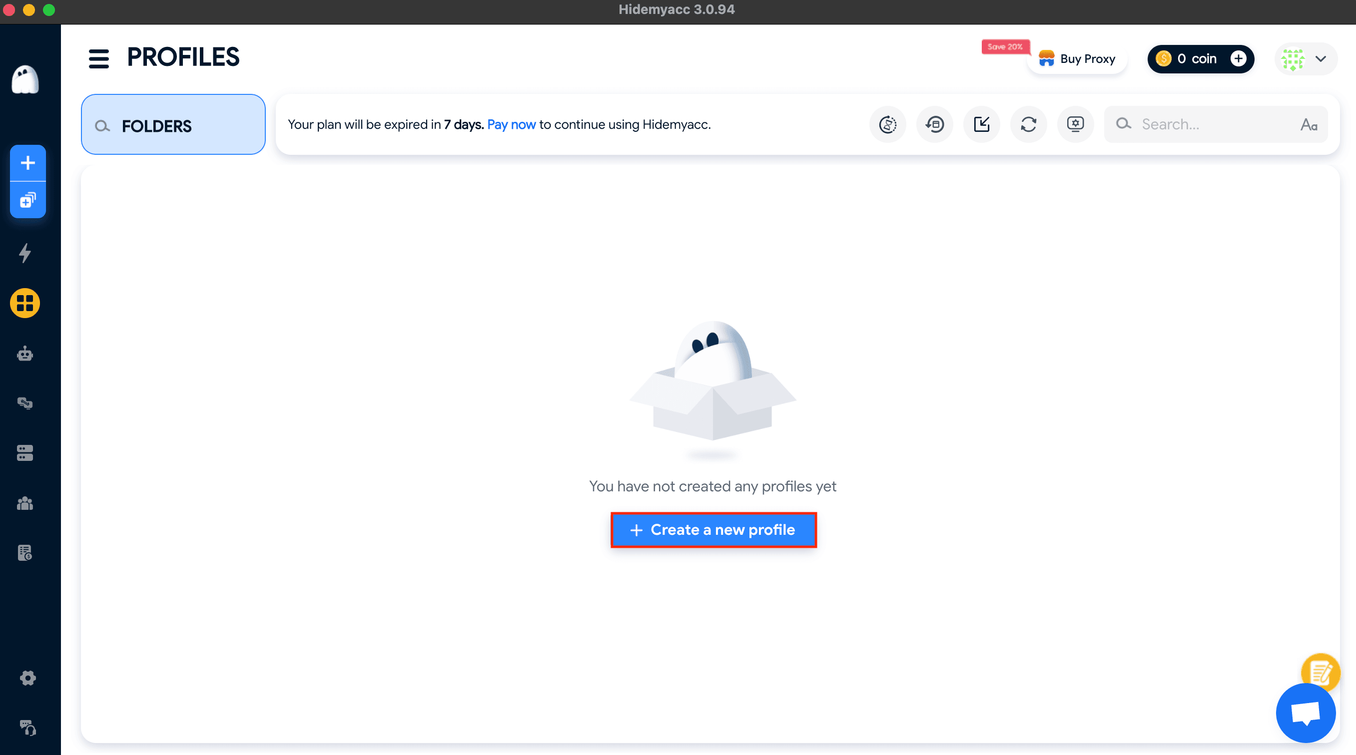 Hidemyacc Profiles page with “Create a new profile” button to start a new browser profile