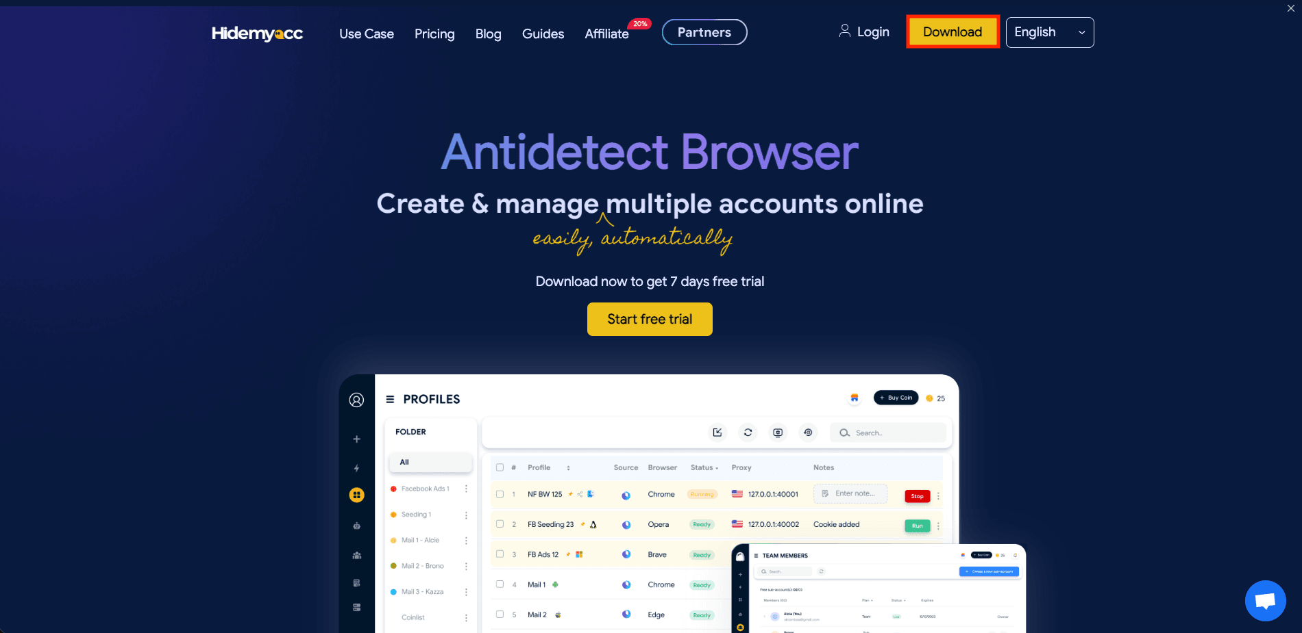 Hidemyacc website with the Download button highlighted for installing the antidetect browser