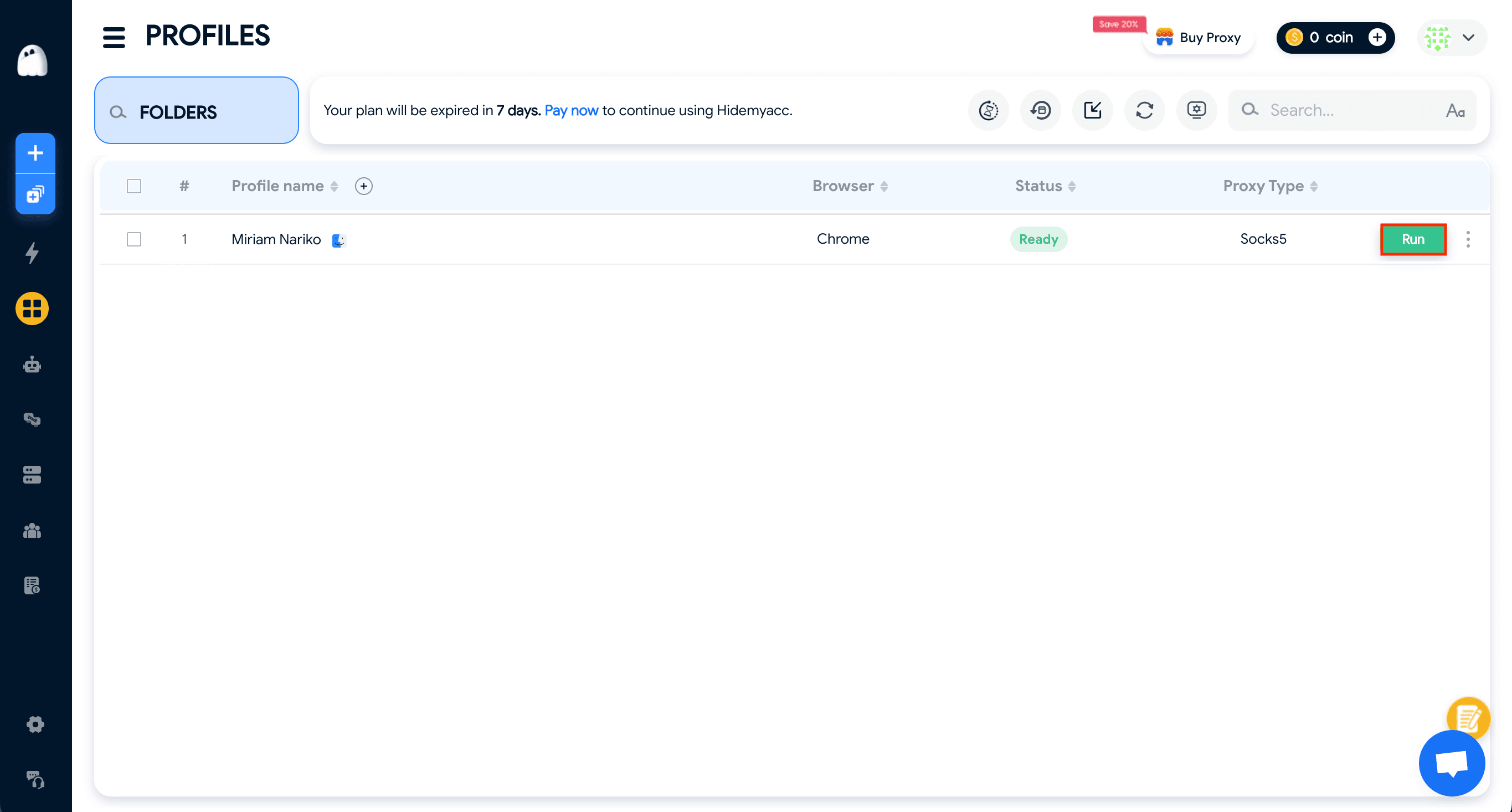 Hidemyacc profiles list showing profile status Ready and Run button to launch it with proxy