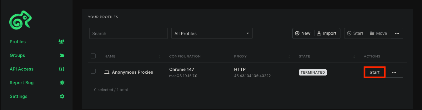 Start Kameleo browser profile