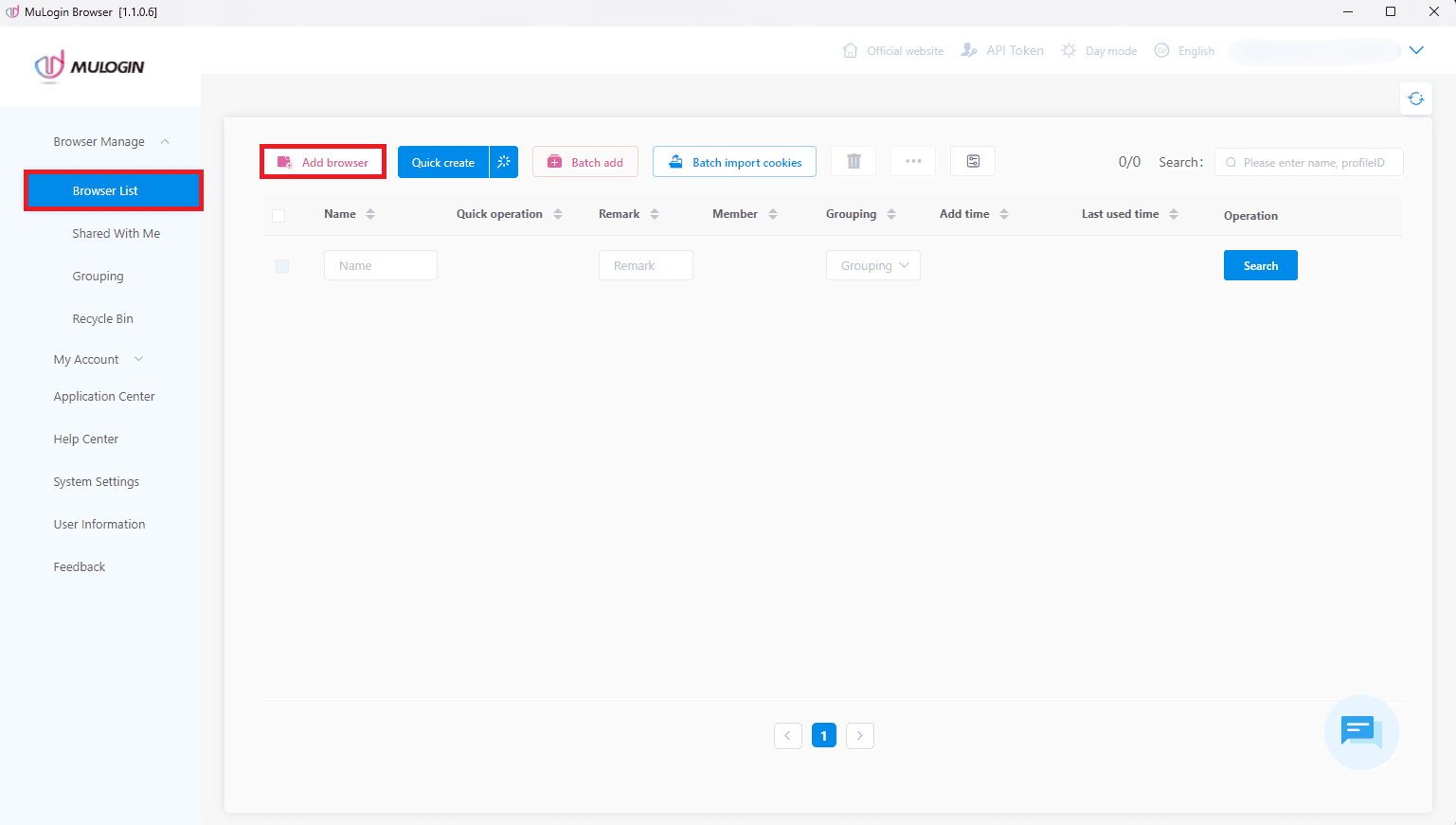 Browser List page with the Add browser button highlighted