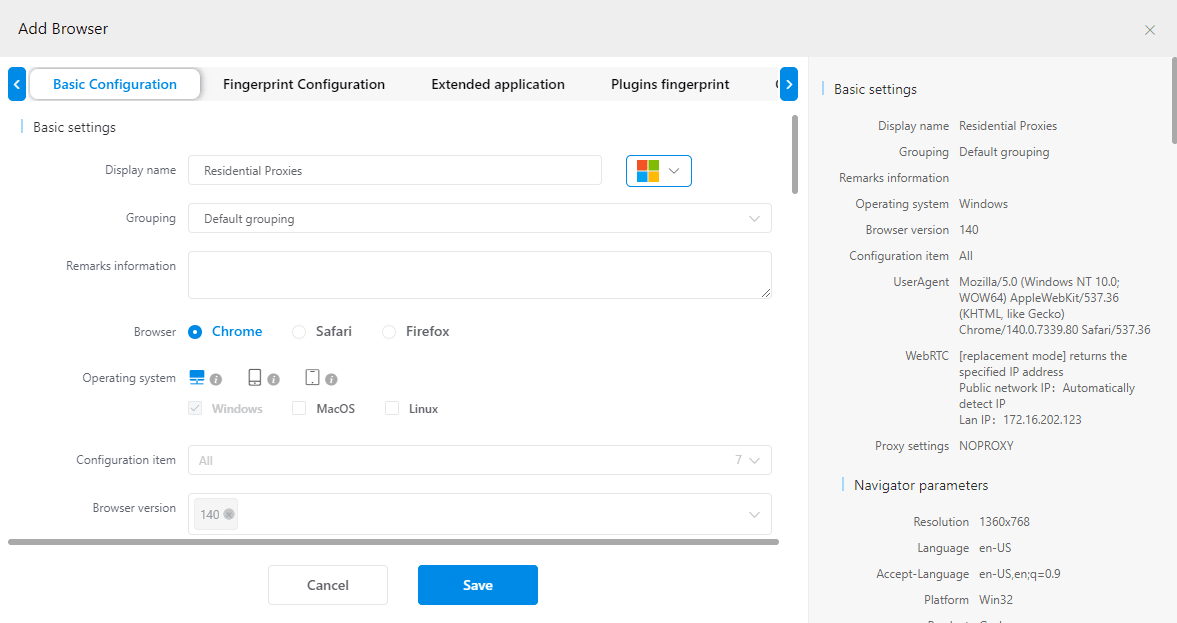 Panel for naming the profile and choosing other settings for the browser profile.