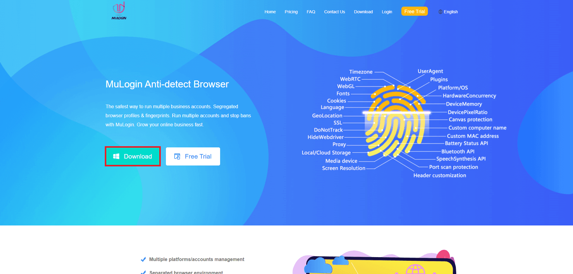 MuLogin website with the Download button highlighted.