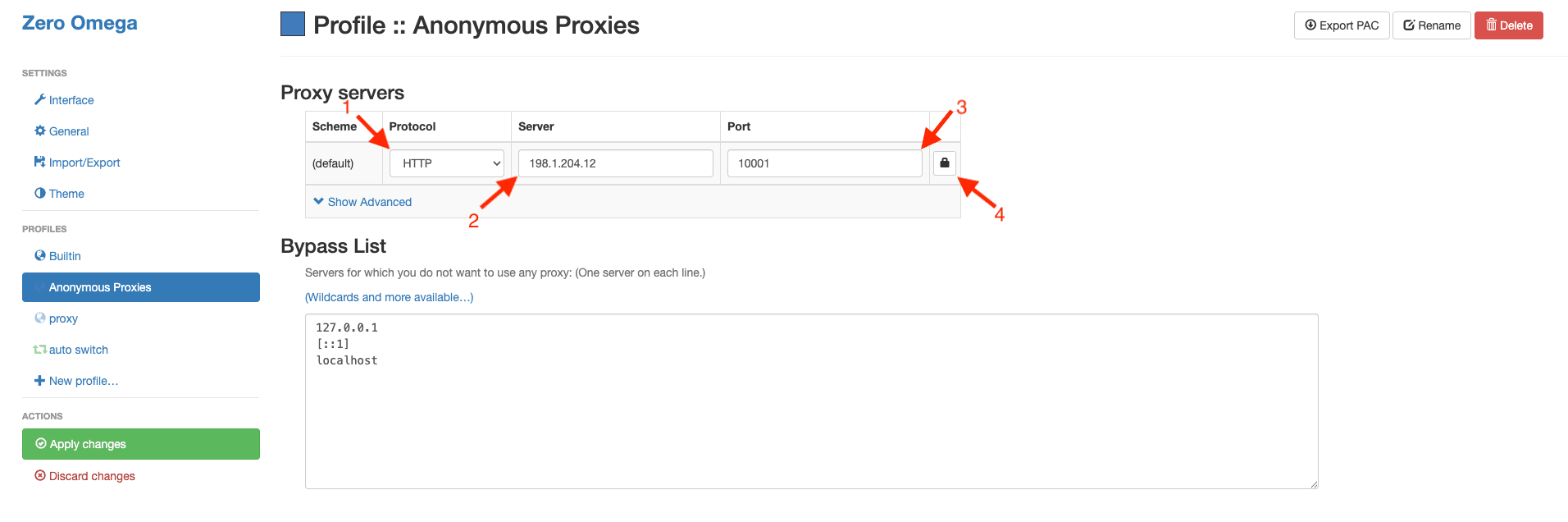 Enter Anonymous Proxies server and port in ZeroOmega profile
