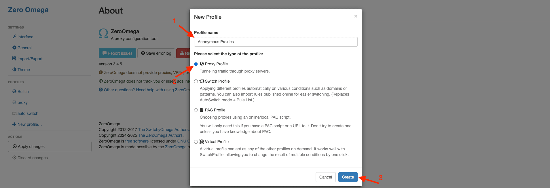 Create profile in ZeroOmega