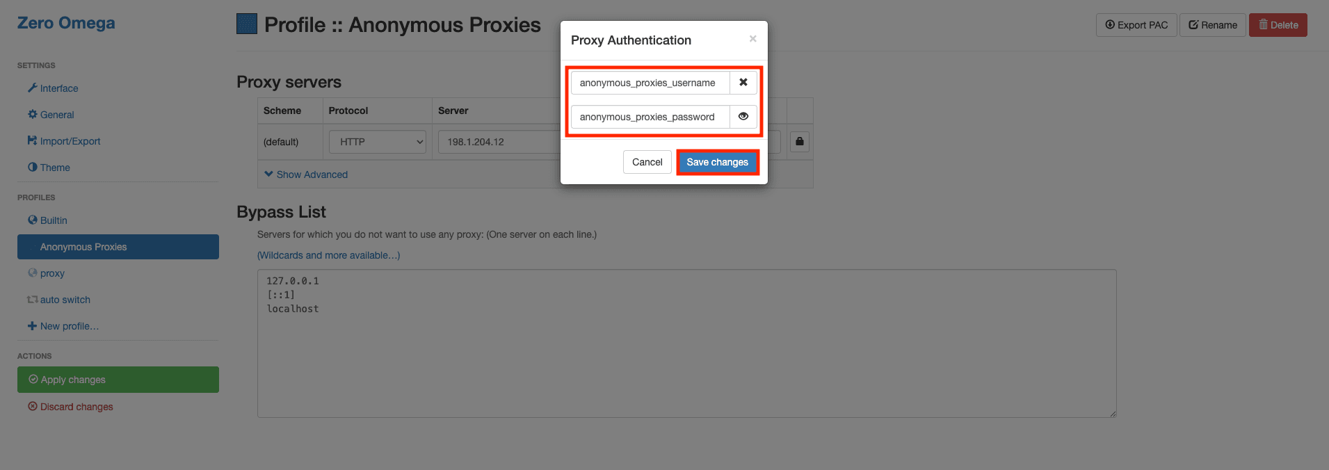 Add Anonymous Proxies username and password in ZeroOmega
