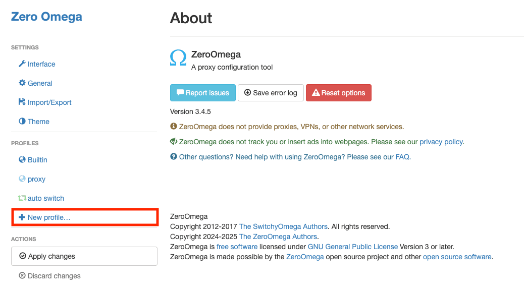 Click New profile in ZeroOmega to add a proxy setup