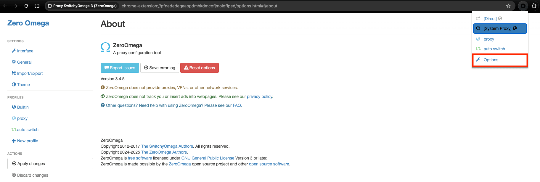 Open ZeroOmega Options from the extension menu