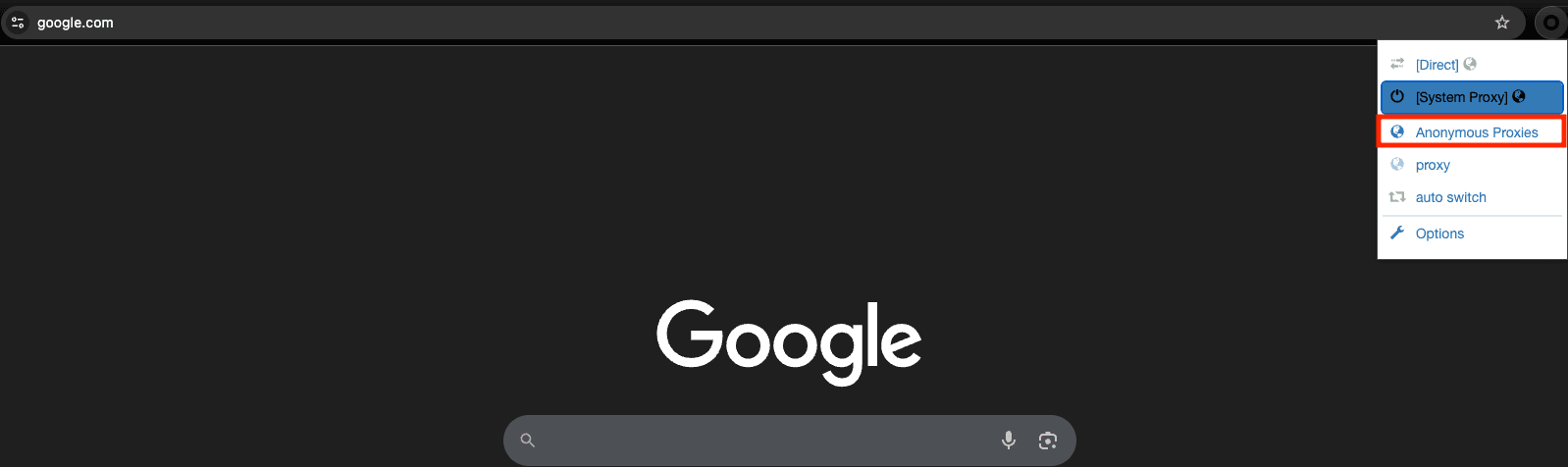 Select the Anonymous Proxies profile in ZeroOmega toolbar